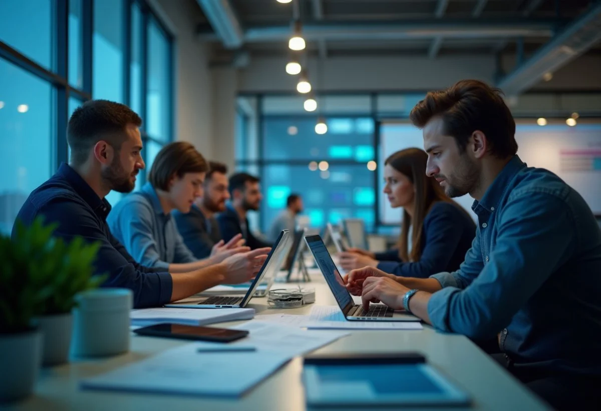 Professionnel en réunion, discutant de stratégies de génération de leads B2B