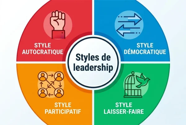 Diagramme circulaire illustrant les différents styles de leadership (autocratique, démocratique, participatif et laisser-faire) avec le cœur « Styles de leadership ». intégration du terme leadership et management.