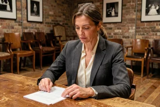 Actrice française en répétition dans une salle de théâtre parisienne, révisant un script avec concentration, ambiance culturelle et professionnelle