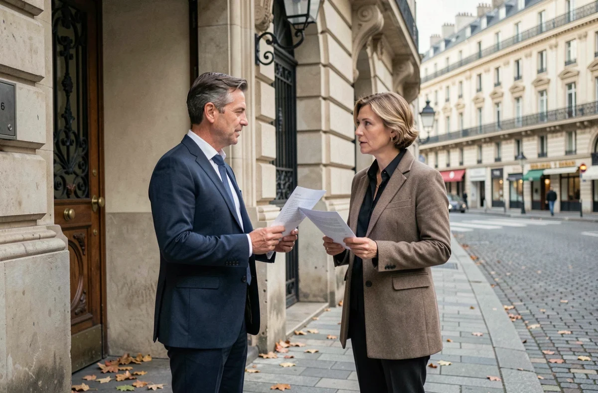 Actrice et producteur en discussion professionnelle devant un théâtre historique parisien, collaboration artistique dans le monde du cinéma et du théâtre français