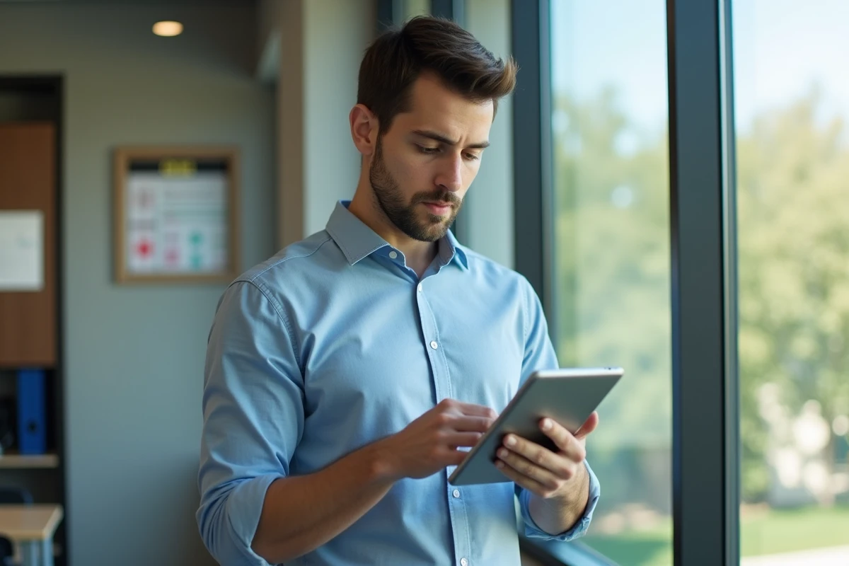 Jeune homme admin consulte paiement sur tablette dans bureau