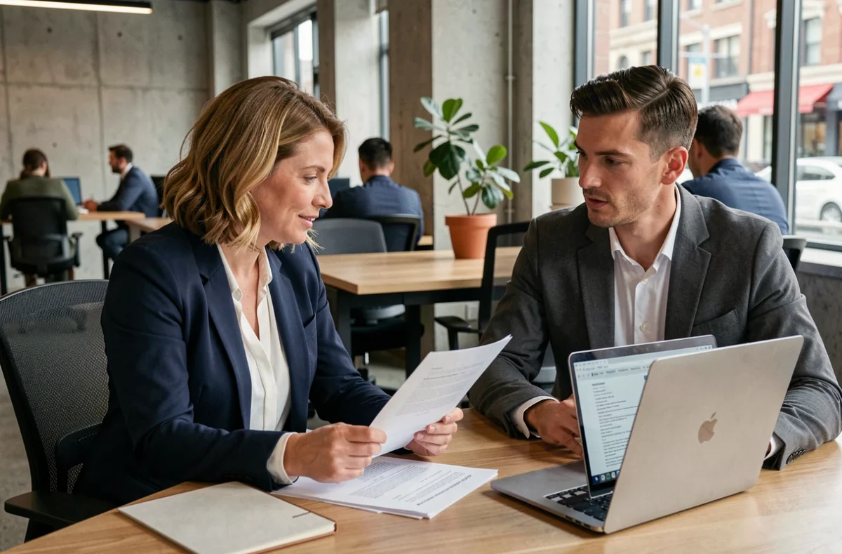Une consultante et un conseiller en portage salarial examinent un contrat dans un espace de coworking moderne