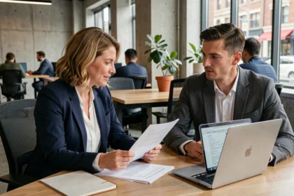 Une consultante et un conseiller en portage salarial examinent un contrat dans un espace de coworking moderne