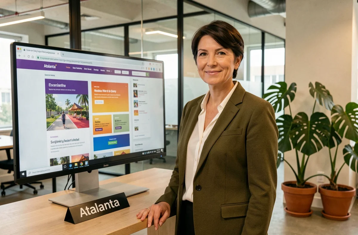Responsable de l'agence Atalanta présentant une maquette de site web sur un grand écran tactile