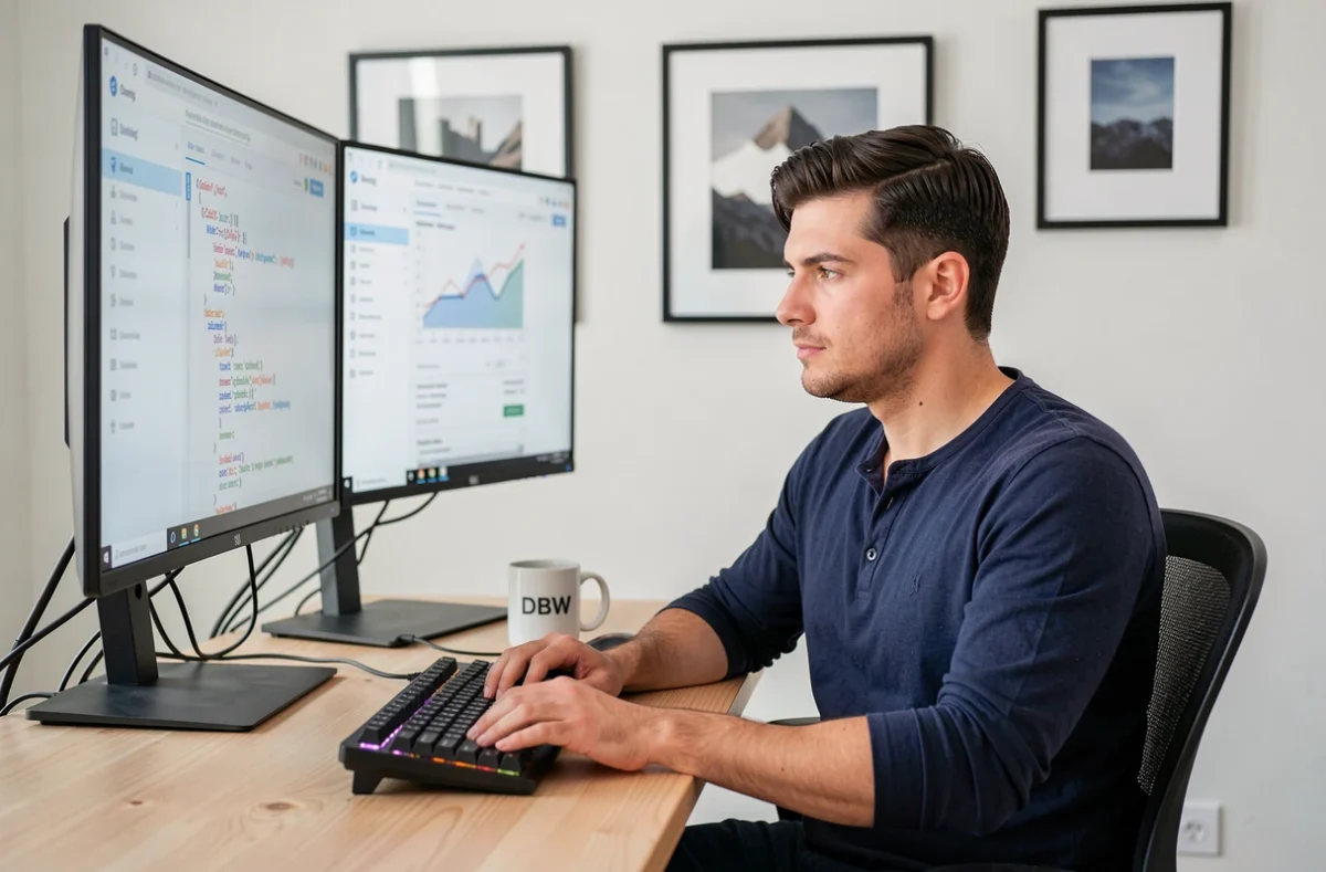 Développeur web de l'agence DBW travaillant sur un projet de site internet dans un bureau moderne