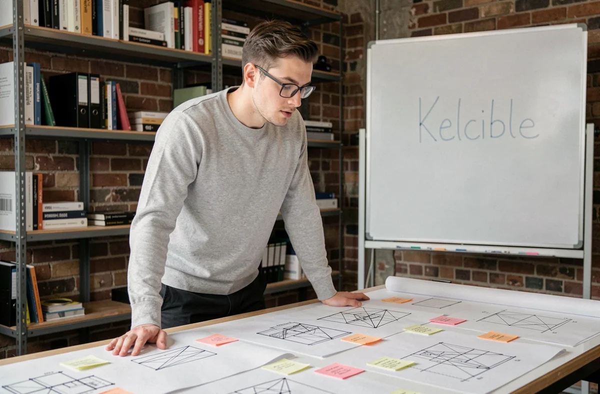 Designer UX de l'agence Kelcible analysant des wireframes de site web dans un studio créatif