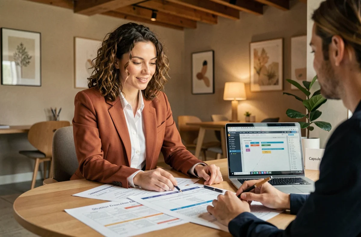 Consultante de l'agence Capsule B collaborant sur une stratégie de contenu SEO dans un bureau au design chaleureux