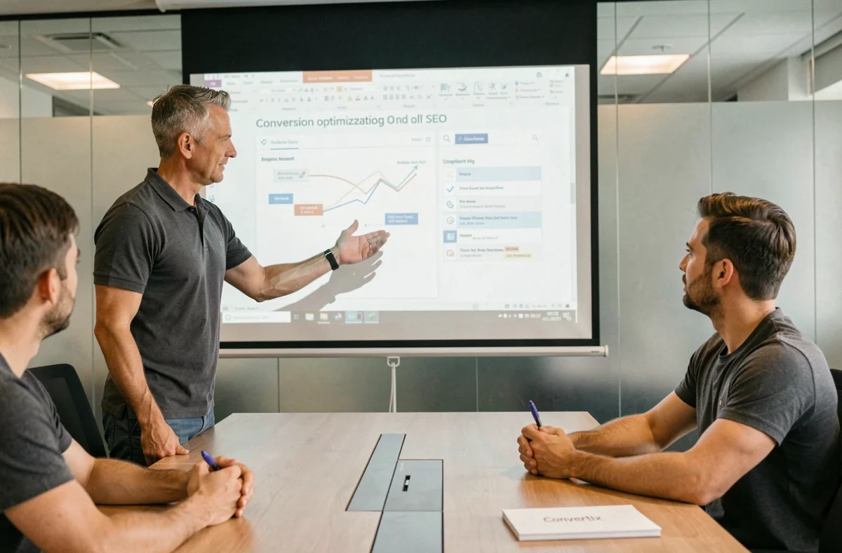 Consultant de l'agence Convertix présentant une stratégie SEO et conversion lors d'une réunion en salle moderne