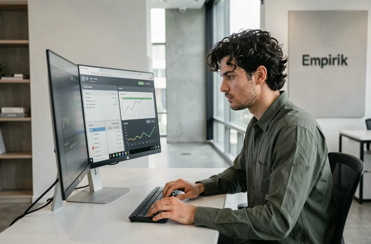 Consultant de l'agence Empirik réalisant un audit SEO technique sur grand écran dans un bureau contemporain