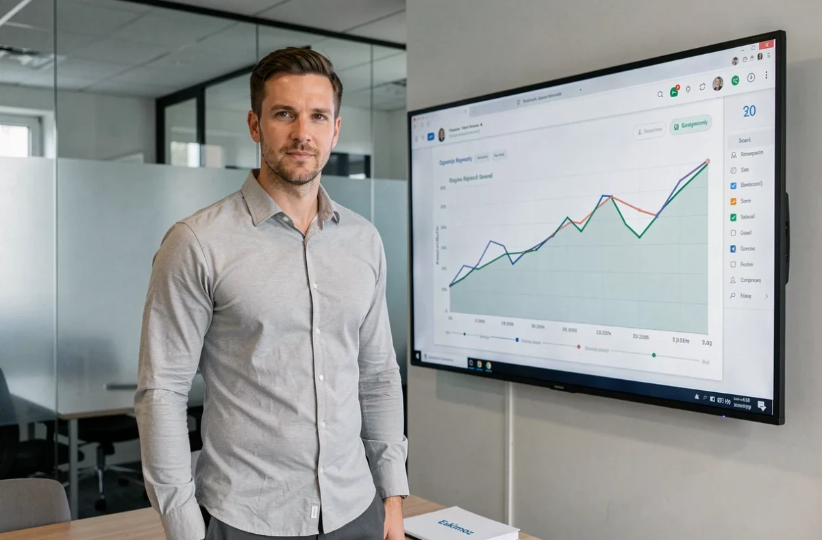 Consultant de l'agence Eskimoz présentant une analyse SEO sur grand écran dans une salle de réunion moderne