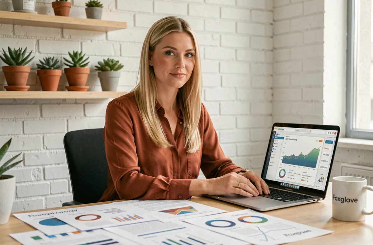 Stratège de l'agence Foxglove développant une stratégie de contenu SEO dans un studio créatif moderne