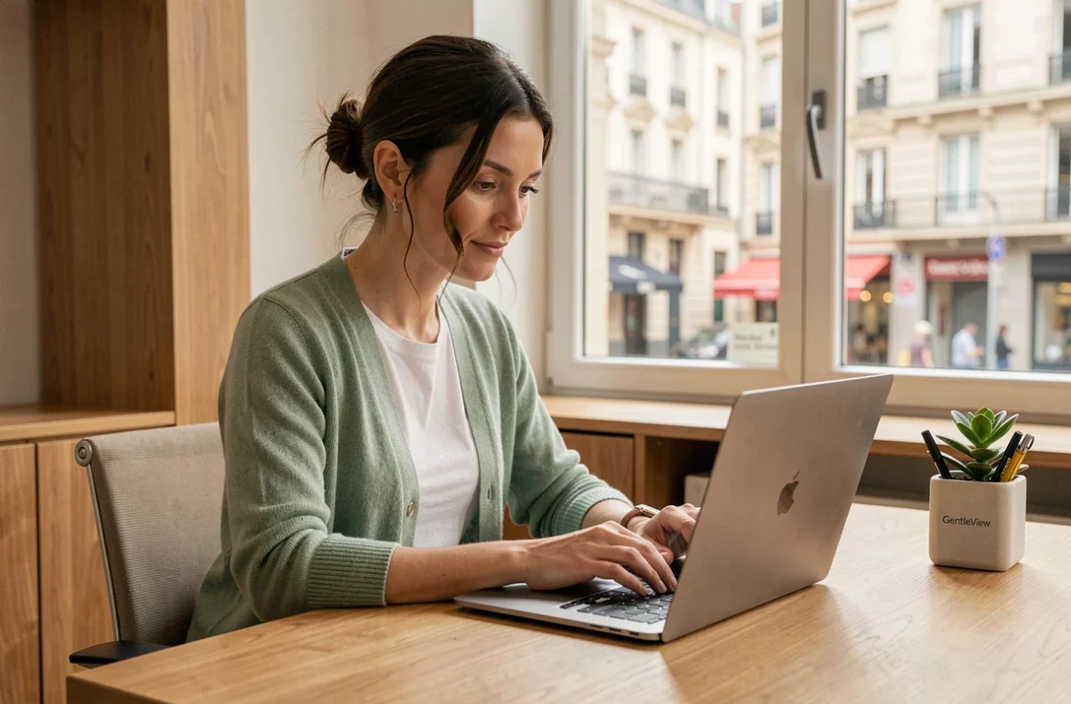 Consultante de l'agence GentleView examinant un rapport SEO dans un bureau calme et chaleureux à Lyon