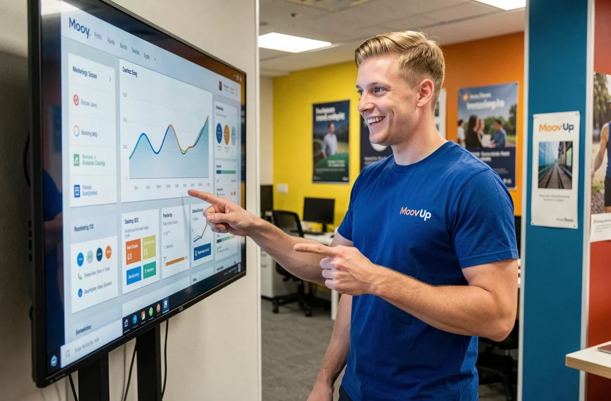 Expert de l'agence Moov'Up présentant des tableaux de bord SEO sur écran tactile dans un espace de travail dynamique