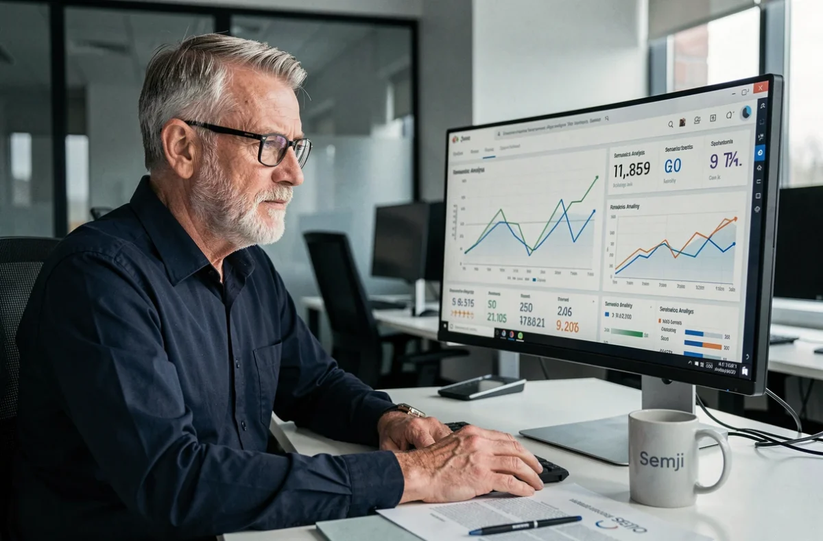 Expert de l'agence Semji analysant des métriques SEO avancées et des scores de contenu sur grand écran dans un bureau high-tech