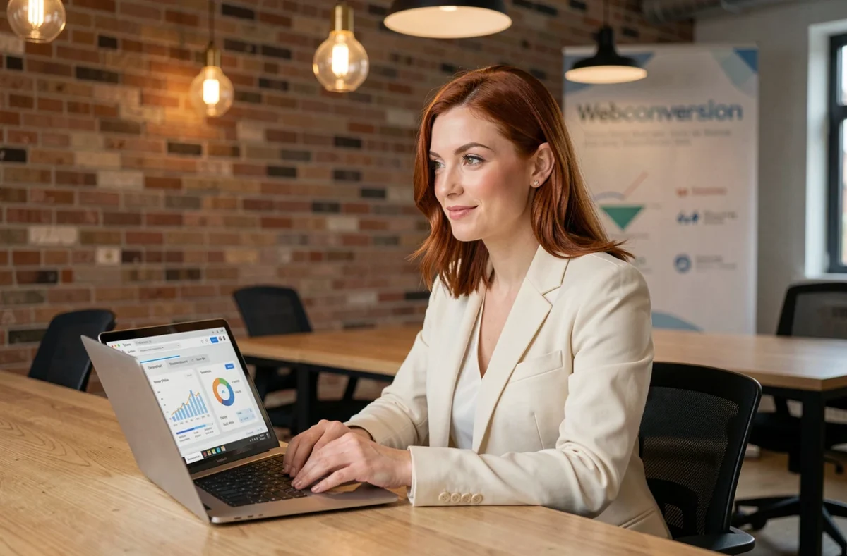 Experte de l'agence Webconversion travaillant sur des tableaux de bord d'optimisation de conversion dans un espace moderne