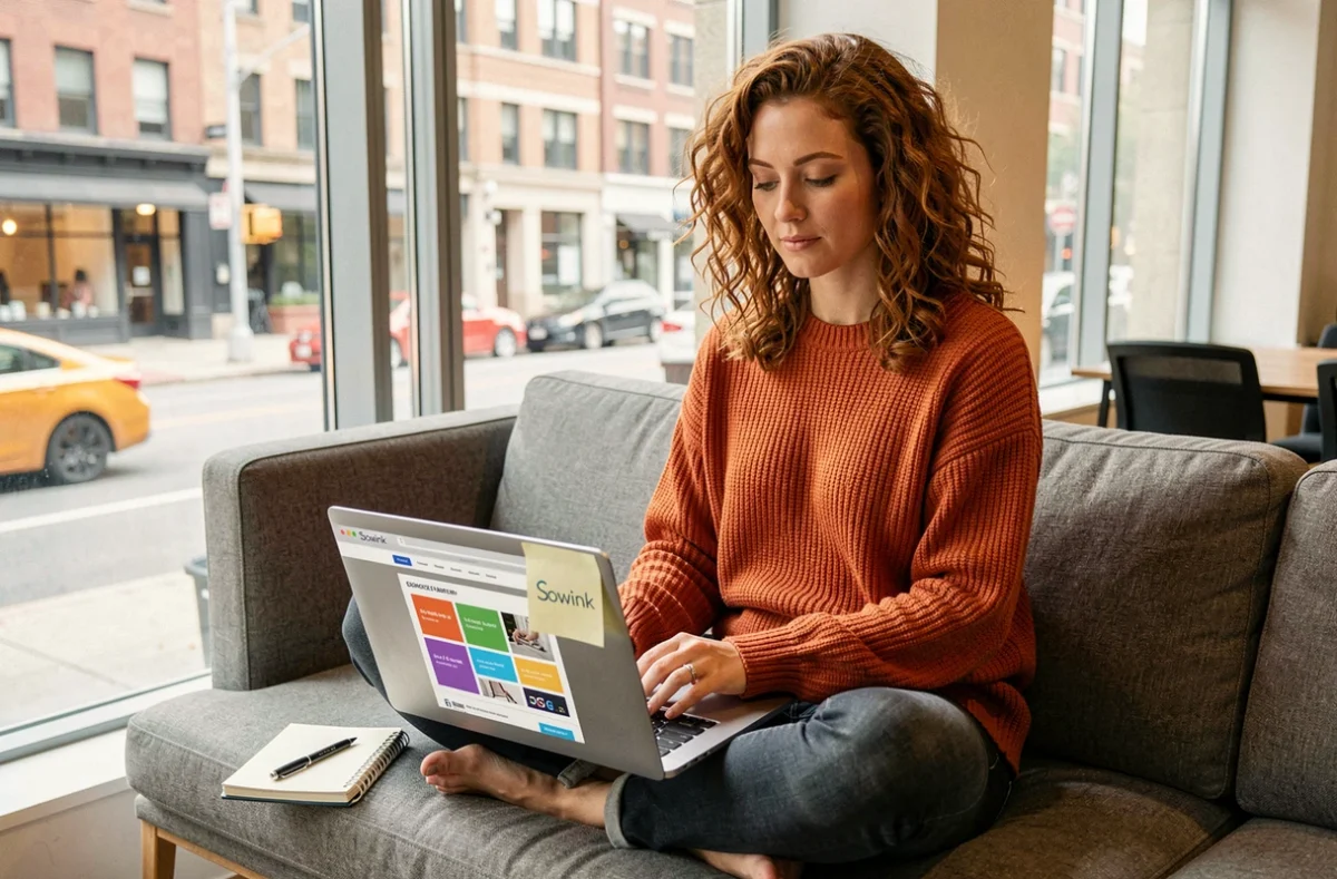 Designer de l'agence Sowink travaillant sur la conception d'un site e-commerce dans un espace de co-working