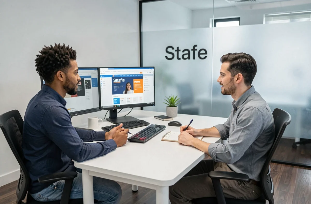 Équipe de l'Agence Stafe révisant une maquette de site web responsive dans leur studio de création