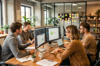 Équipe d'une agence web en Maine-et-Loire collaborant autour d'écrans affichant des maquettes de sites internet