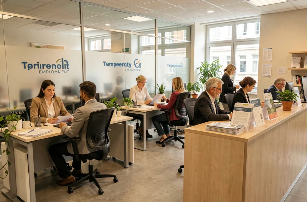 Vue d'ensemble d'une agence d'intérim dans le Haut-Rhin avec des conseillers et des candidats en entretien