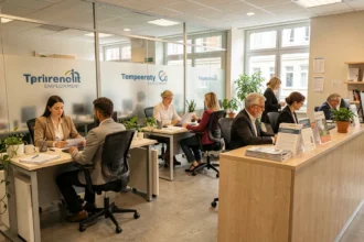 Vue d'ensemble d'une agence d'intérim dans le Haut-Rhin avec des conseillers et des candidats en entretien