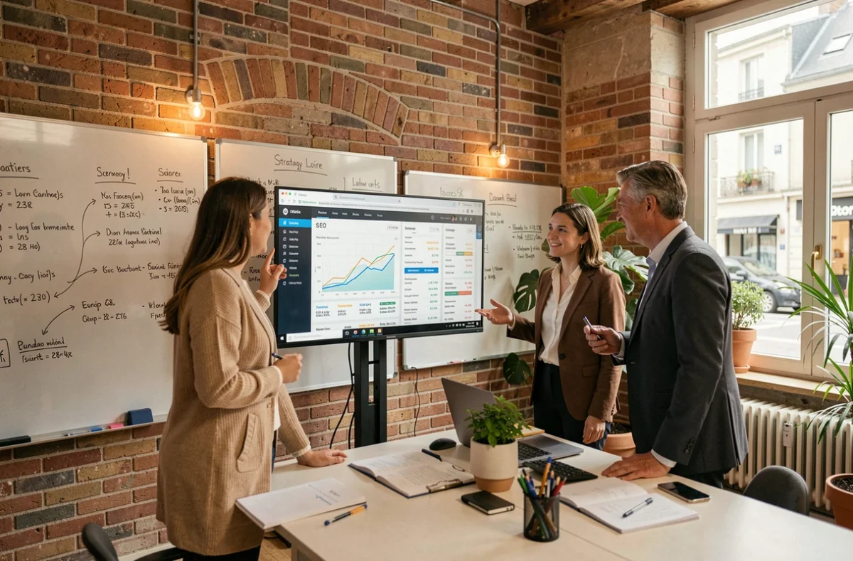Équipe d'une agence SEO de la Loire collaborant autour d'un tableau de bord analytique dans un bureau moderne