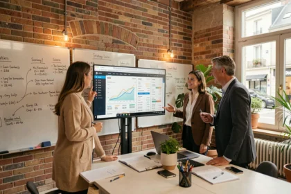 Équipe d'une agence SEO de la Loire collaborant autour d'un tableau de bord analytique dans un bureau moderne