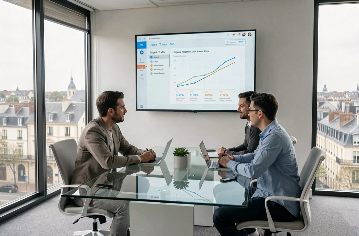 Équipe d'Agency Solution en réunion autour d'une présentation de stratégie SEO locale dans une salle vitrée