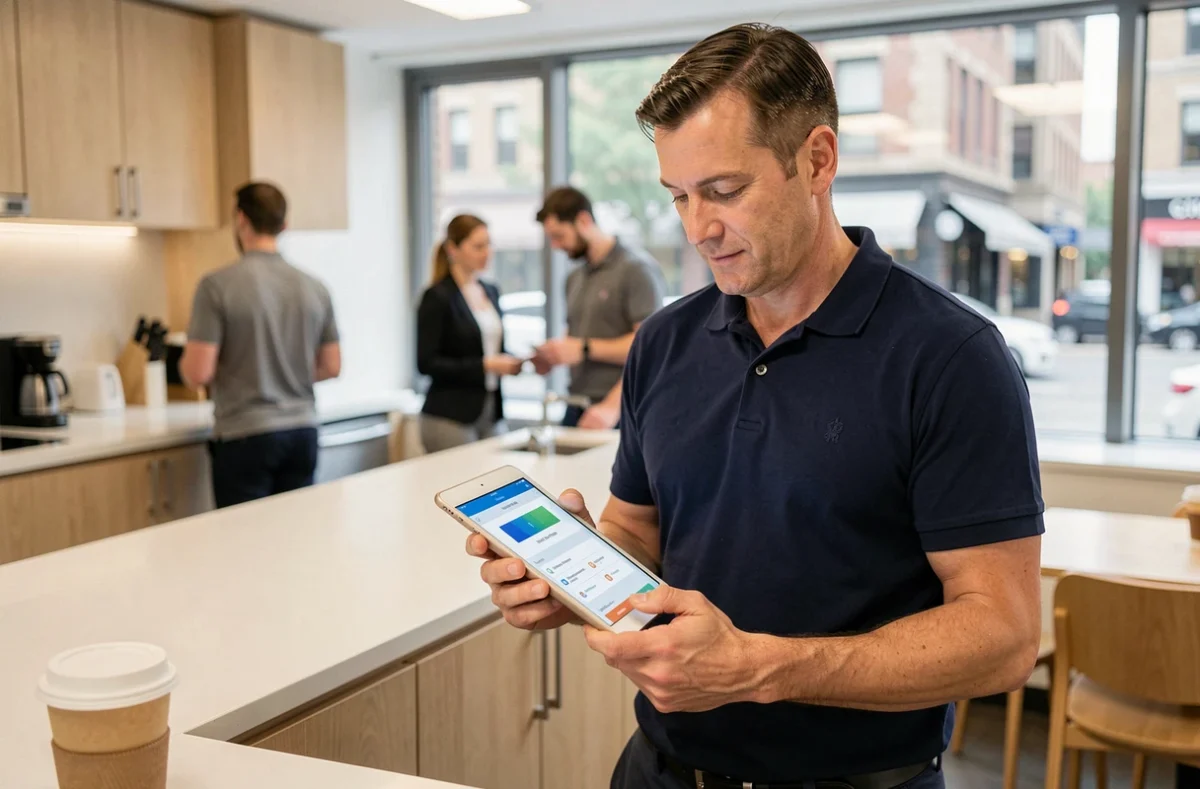 Agent postal masculin consultant MaBoxRH ou GTm Extranet sur une tablette dans une salle de pause professionnelle