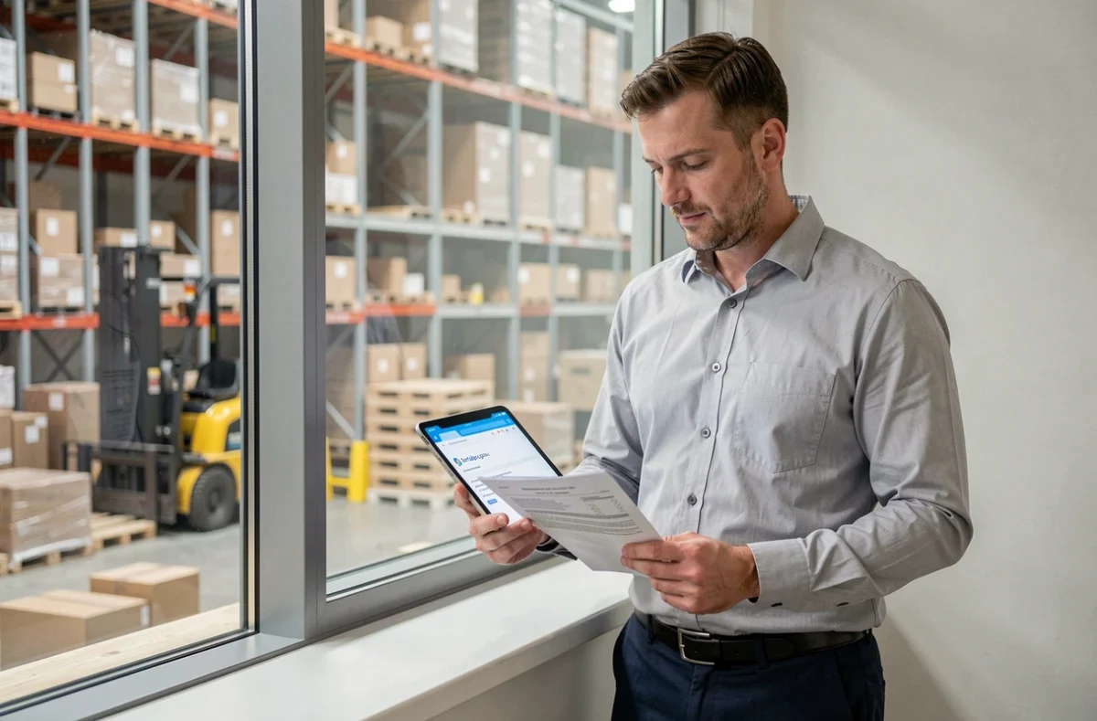 Agent logistique consultant le portailpro.gouv sur une tablette dans un bureau d'entrepôt de fret