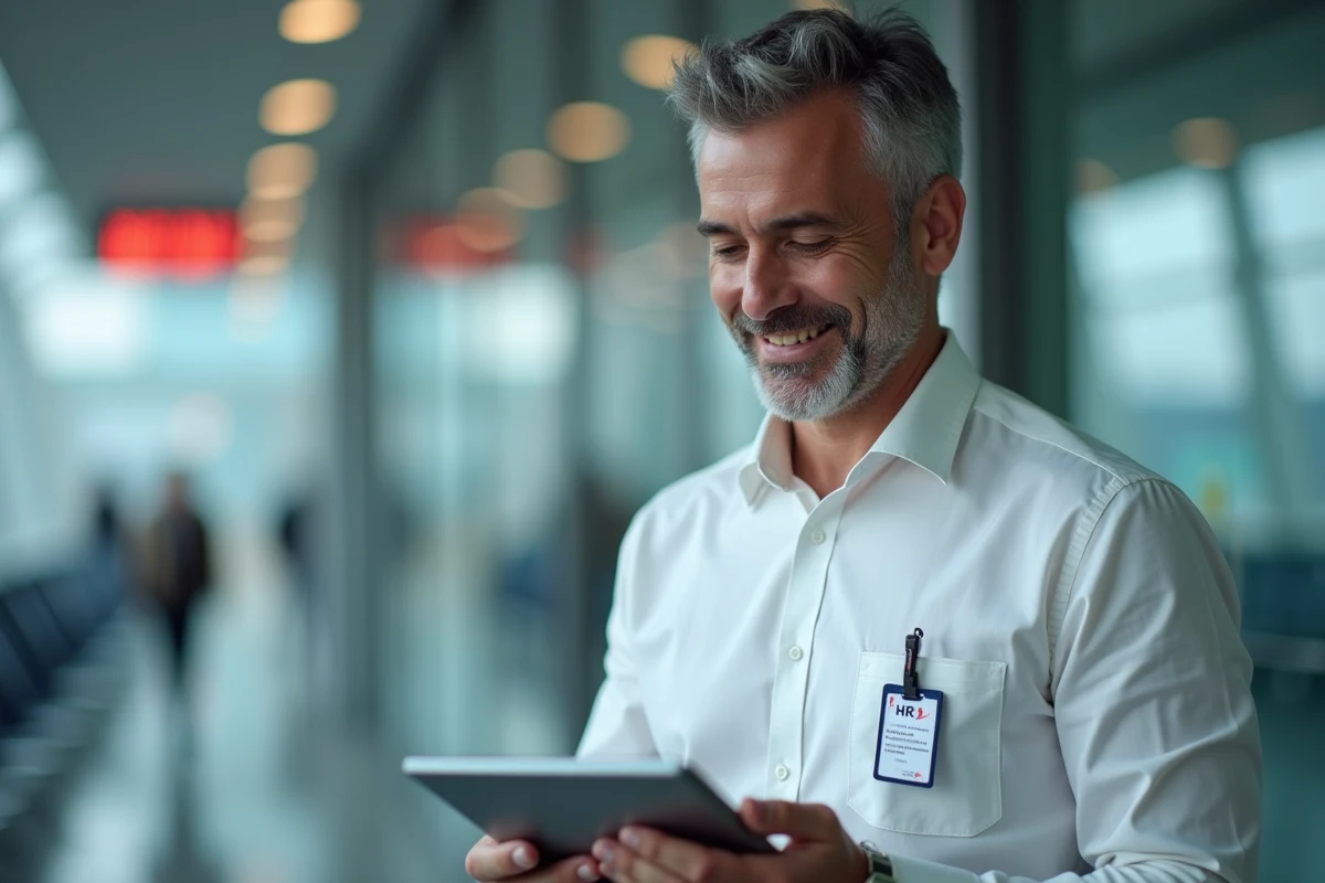 Agent au sol Air France accédant à ses documents RH sur une tablette dans un couloir administratif d'aéroport