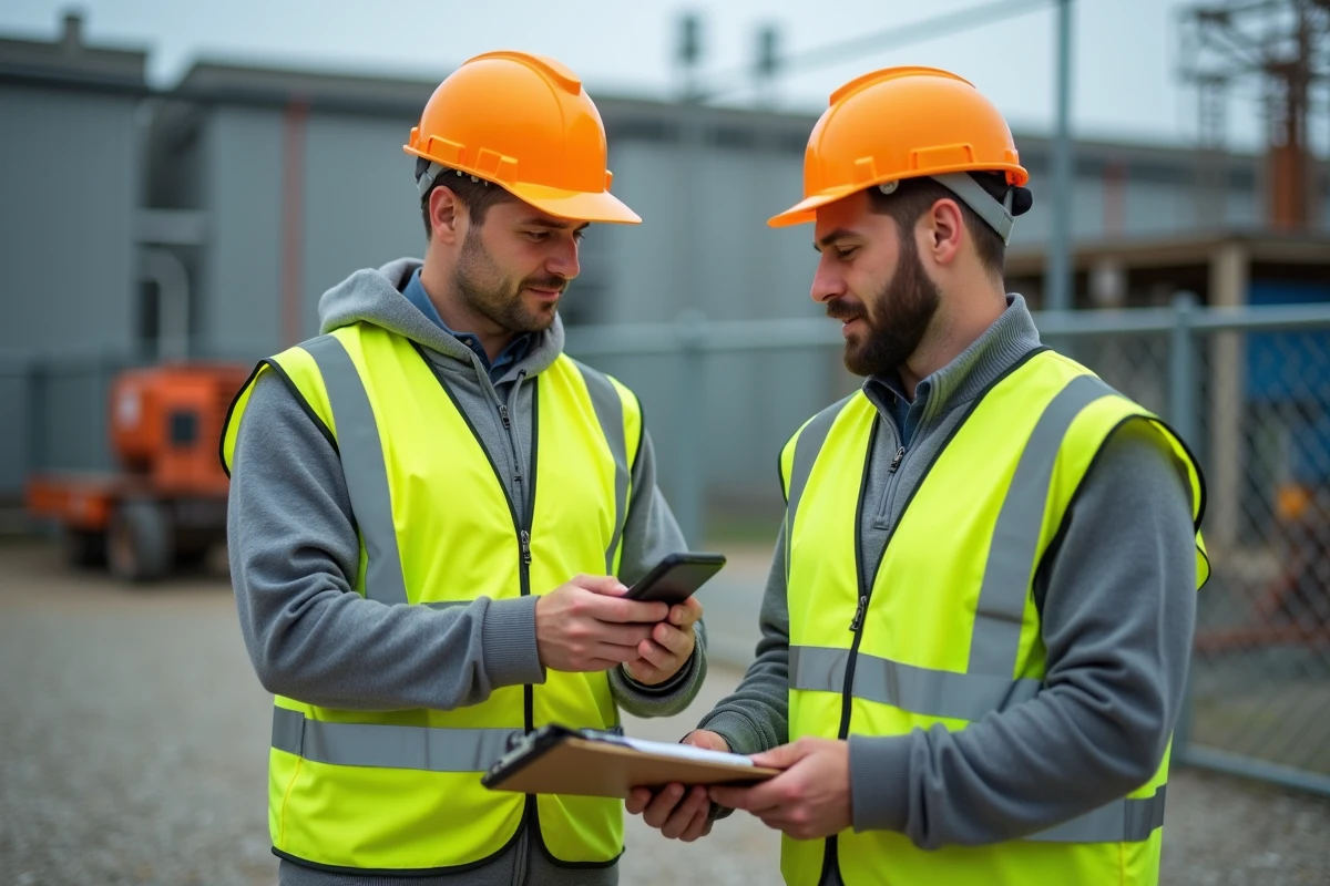 Deux agents de terrain consultant un bon d'intervention numérique sur smartphone pour coordonner leurs tâches avec un outil comme Agendis 62