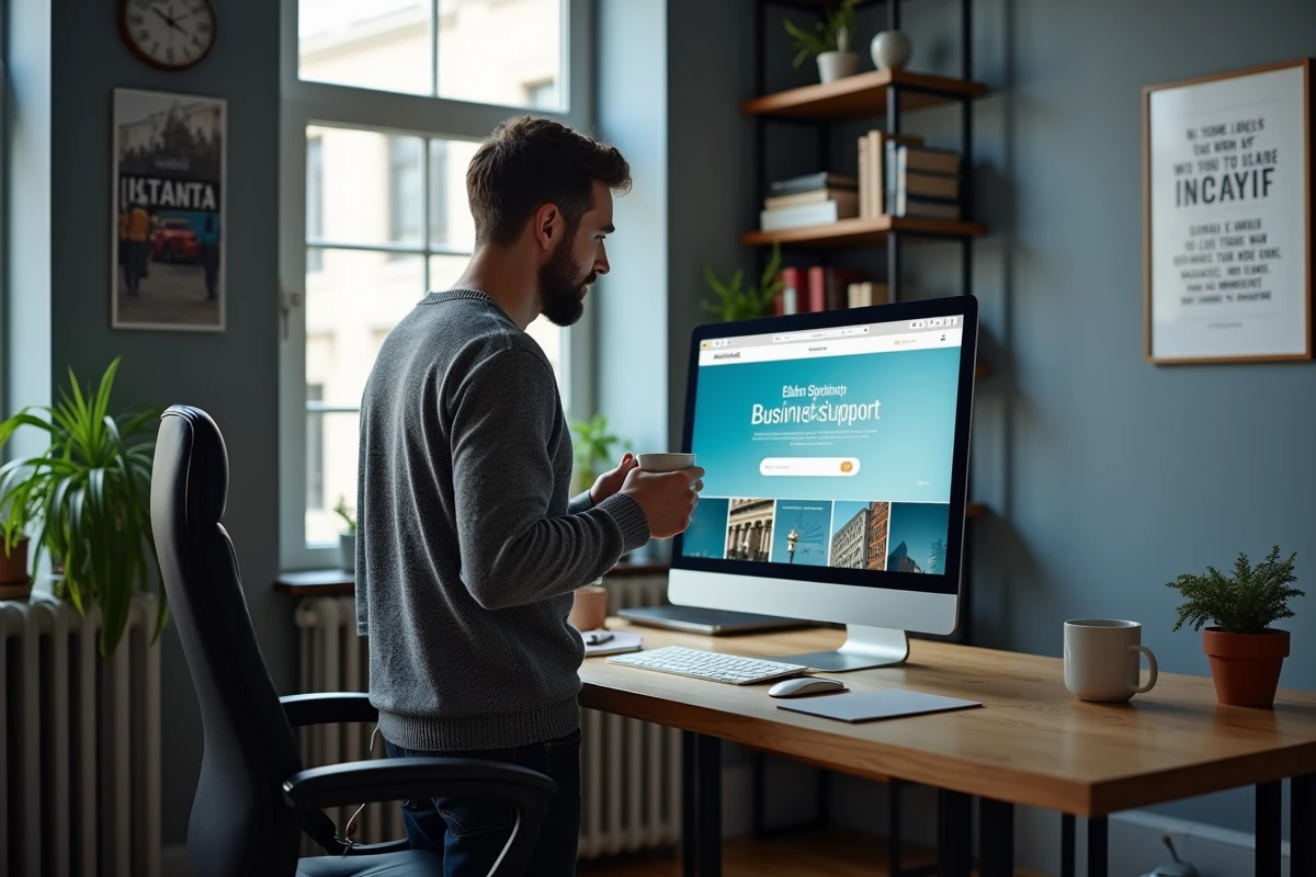 Entrepreneur masculin recherchant des aides et subventions pour lancer son entreprise depuis son bureau à domicile