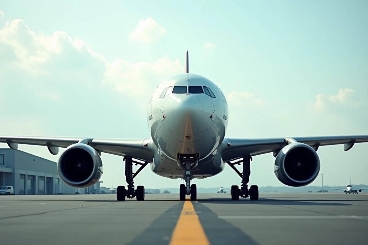 Airbus A330 en train de rouler sur le tarmac d'un grand aéroport international, vue grand angle au niveau du sol