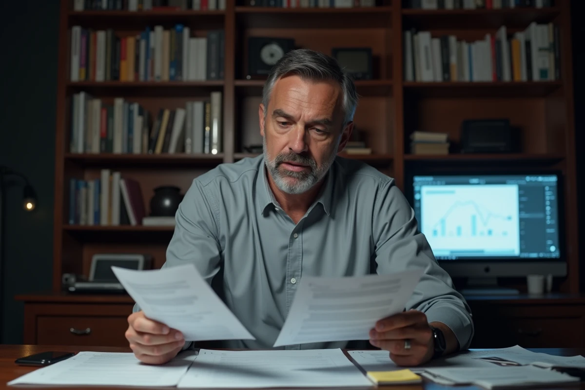 Un homme d'affaires compare attentivement des documents financiers dans son bureau à domicile avant de signer avec une société d'investissement