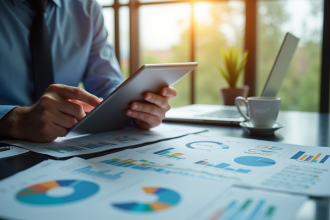 Personne analysant des données marketing sur une tablette dans un bureau lumineux