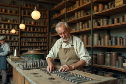 Intérieur d'une ancienne quincaillerie nordiste dans le style des années 1920, avec des étagères en bois chargées d'outils et de visserie, évoquant les origines de Leroy Merlin