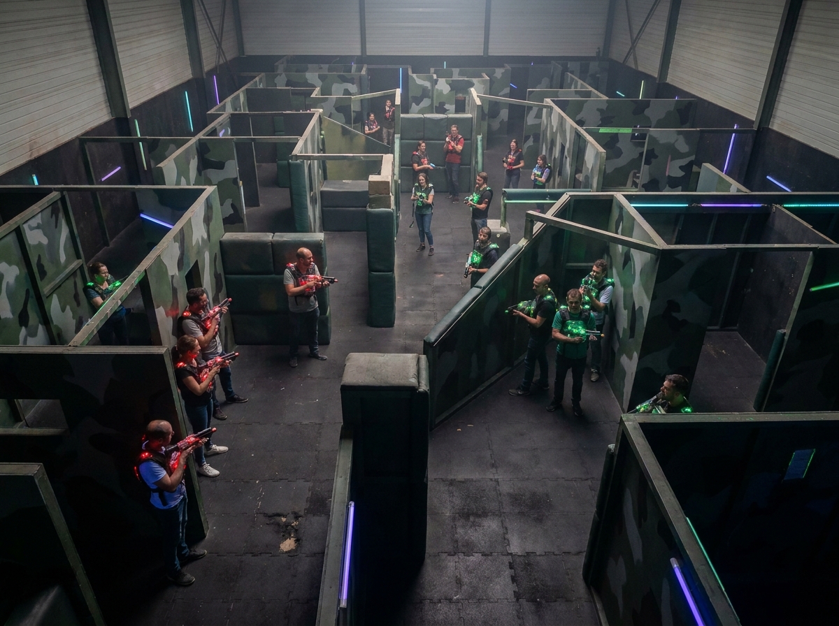 Vue d'ensemble d'une arène de laser game à Lyon avec deux équipes en plein affrontement lors d'un team building
