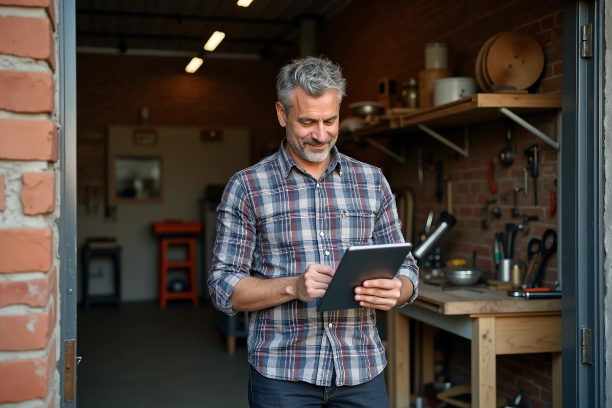 Artisan chef d'entreprise consultant des offres d'assurance sur tablette dans son atelier