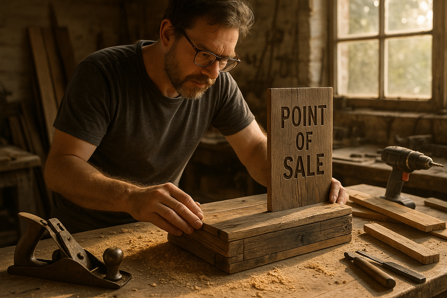 Artisan fabriquant une enseigne en bois dans un atelier ensoleille