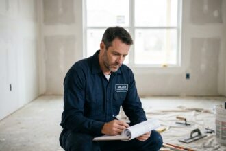 Artisan en bleu de travail inspectant une paroi intérieure avec des documents de chantier, illustrant la garantie décennale en construction