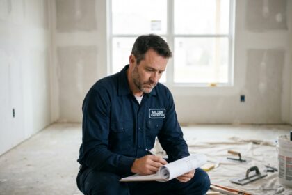 Artisan en bleu de travail inspectant une paroi intérieure avec des documents de chantier, illustrant la garantie décennale en construction
