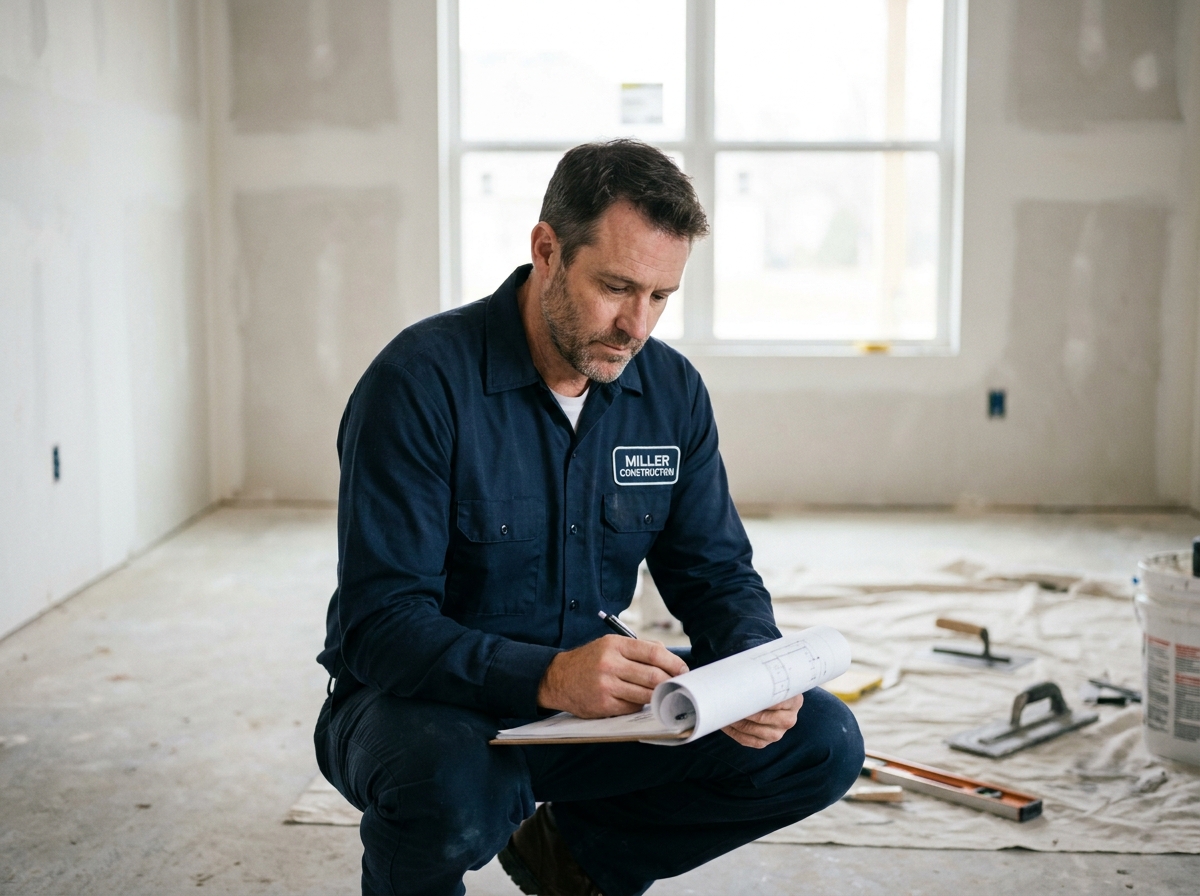 Artisan en bleu de travail inspectant une paroi intérieure avec des documents de chantier, illustrant la garantie décennale en construction