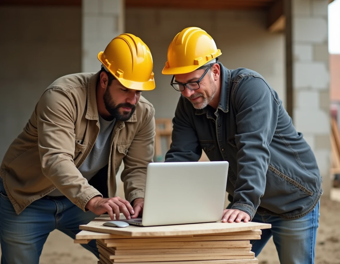 Deux artisans du bâtiment consultant ensemble un portail d'inscription en ligne pour entreprise BTP sur un chantier