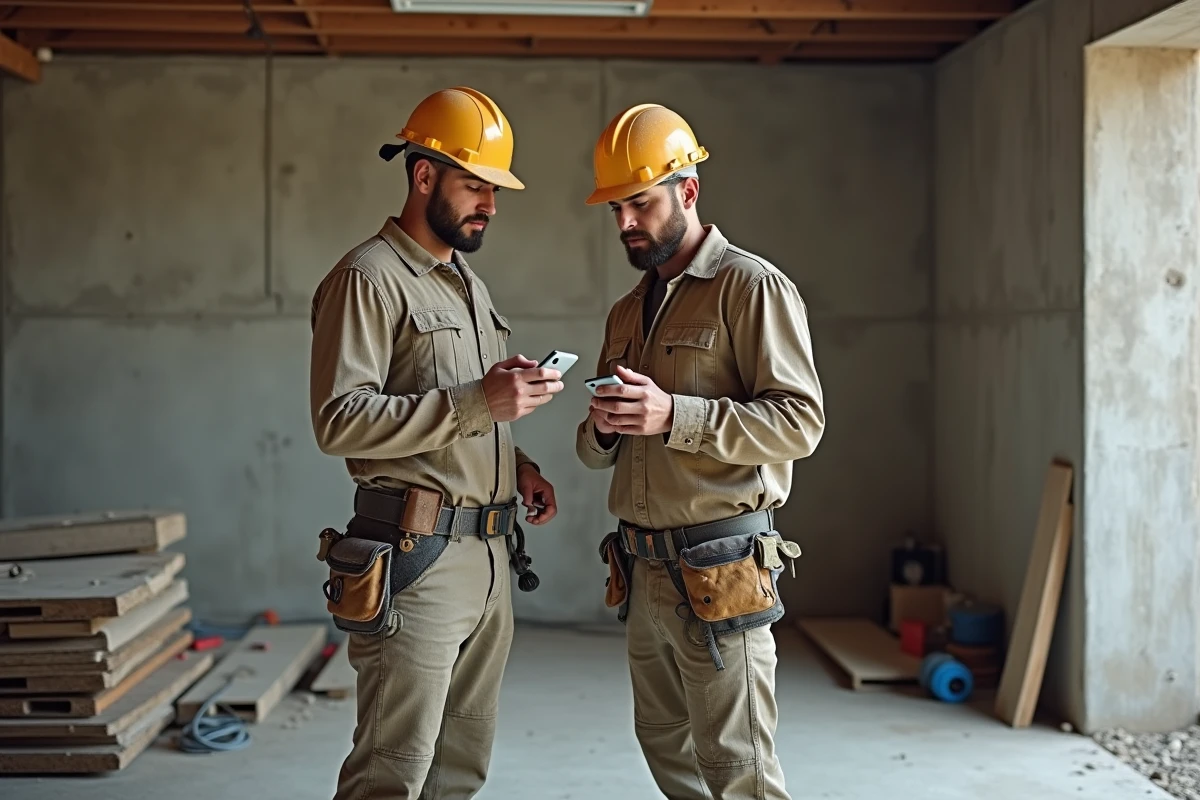 Deux artisans du BTP consultant un bon de travaux sur smartphone lors d'une réunion informelle sur chantier intérieur