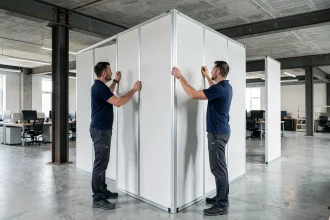 Deux techniciens assemblent des panneaux de salle de réunion modulaire dans un open space à Lille