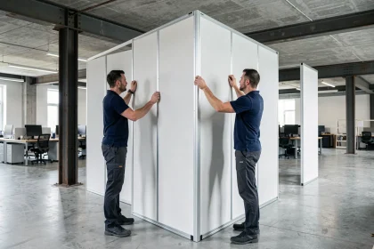 Deux techniciens assemblent des panneaux de salle de réunion modulaire dans un open space à Lille