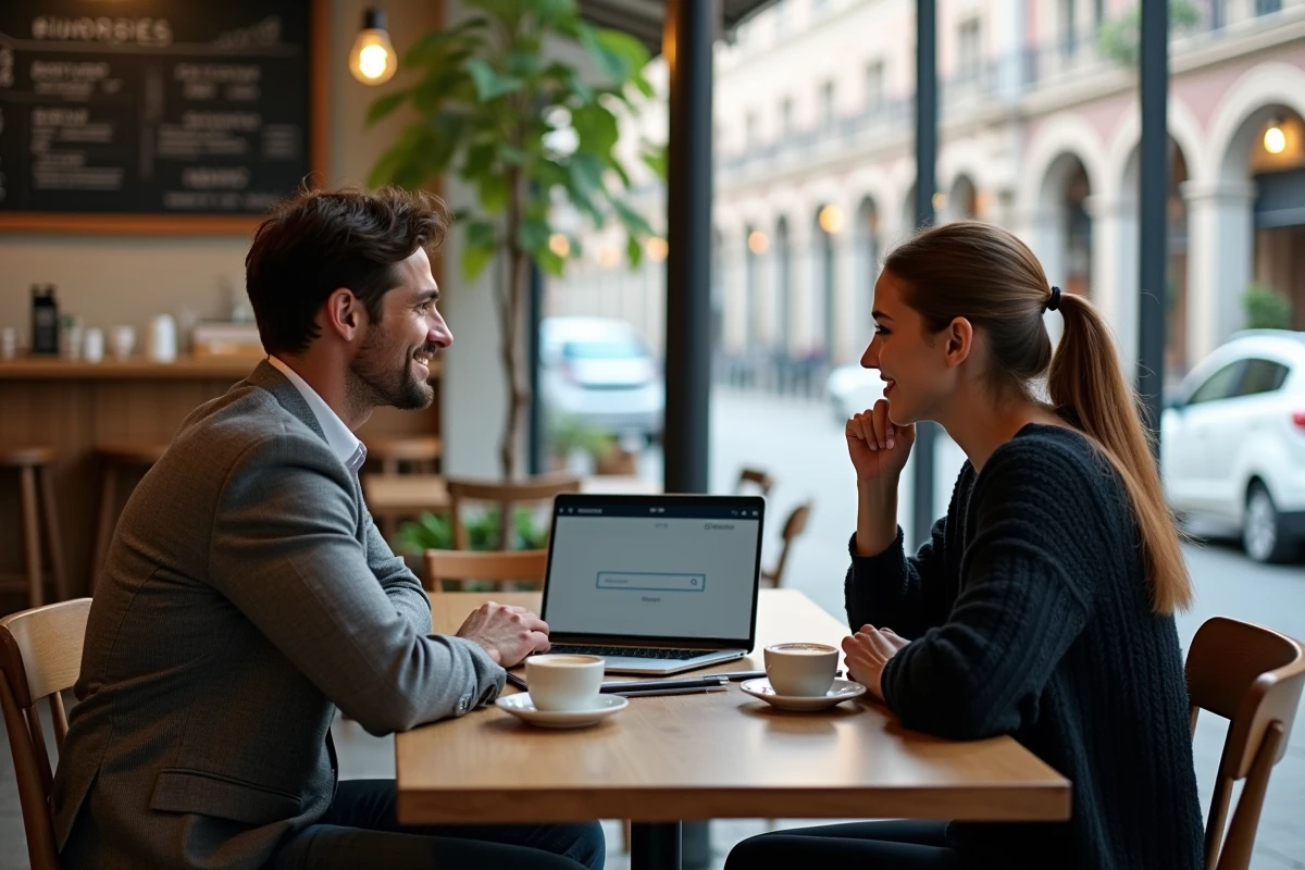 Deux associés consultant Pappers ensemble dans un café pour vérifier une entreprise avant de s'associer