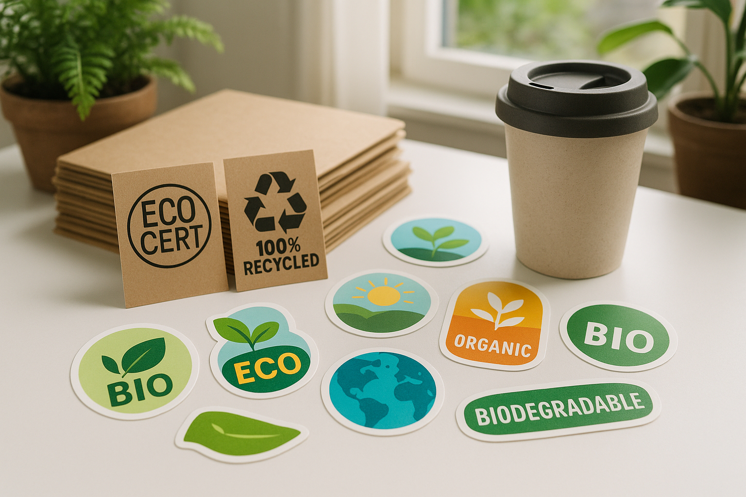 Espace de travail créatif avec stickers biodégradables et étiquettes