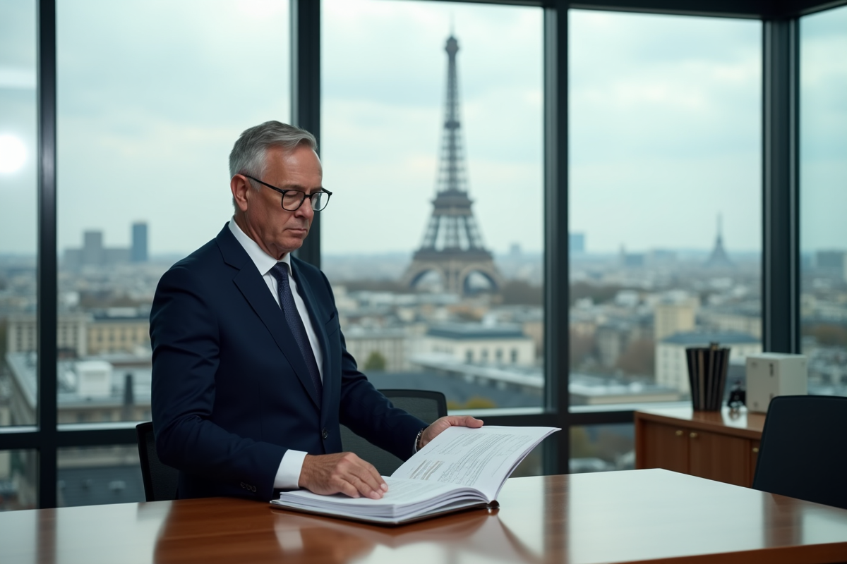 Avocat en costume dans un bureau parisien avec Tour Eiffel