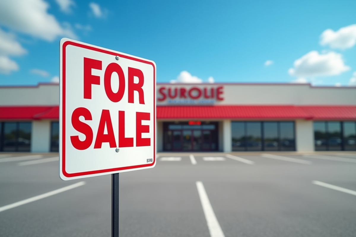 Panneau a vendre devant un immeuble commercial vide